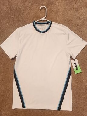 Prince White Athletic Short Sleeve Shirt w/ Light Blue & Navy Trim, Size: Small